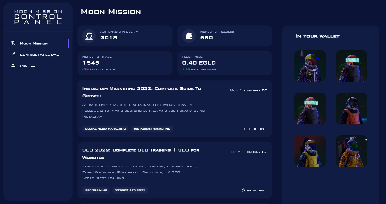 Moon Mission — Dashboard NFT avec staking, vote communautaire et admin